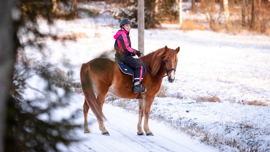 Emilia Mattila istuu ruskean hevosen selässä talvisessa maisemassa.
